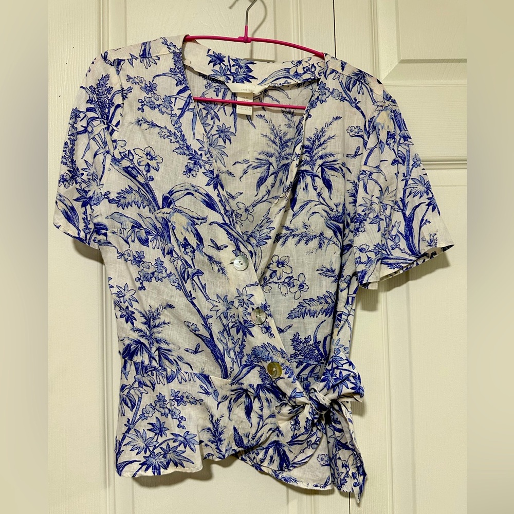 H&M Linen Wrap Over Waist Tie Blouse